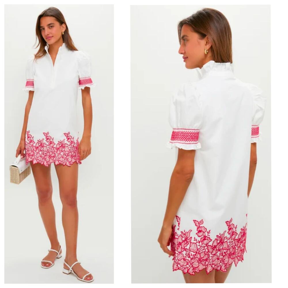 Tuckernuck Hyacinth House White Red Embroidered Shift Dress Ruffle Neck Size S - Picture 1 of 7